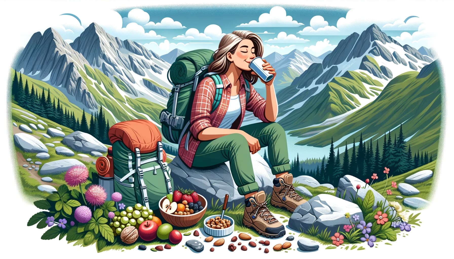 Female trekker sipping water and enjoying fruits and nuts amid alpine flowers with mountainous backdrop - The Cusco Guide