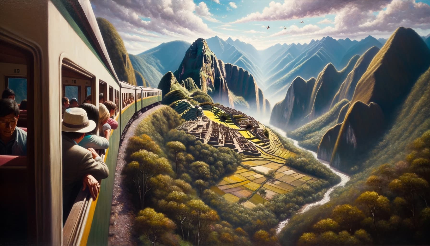 Travelers on scenic train ride to Machu Picchu, admiring Andean landscapes, oil painting depiction