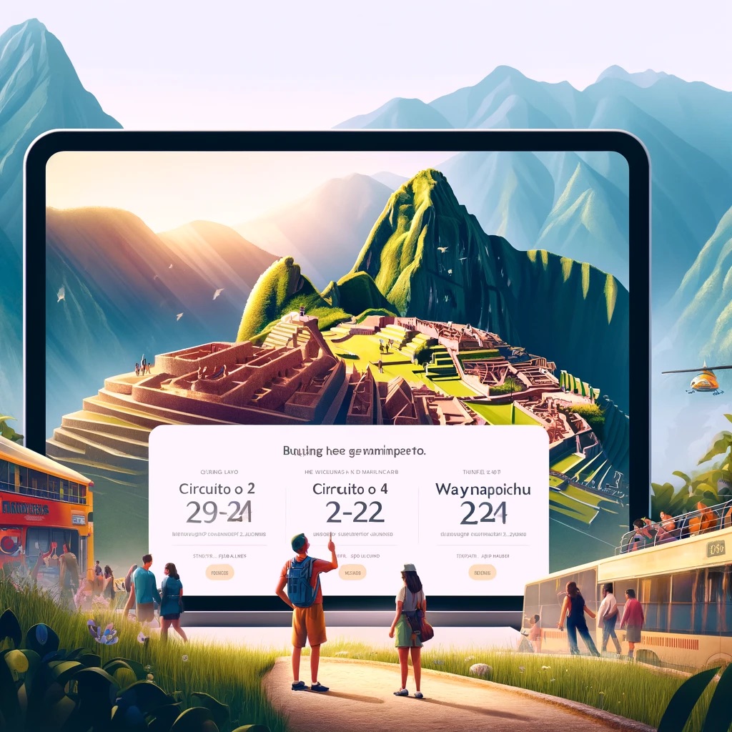 Tourists purchasing Machu Picchu tickets for 2024 on the Joinnus website, with options for Circuito 1 or 2, Circuito 4 + Waynapicchu, and time slots displayed, set against the scenic background of Machu Picchu and the Andean mountains - The Cusco Guide